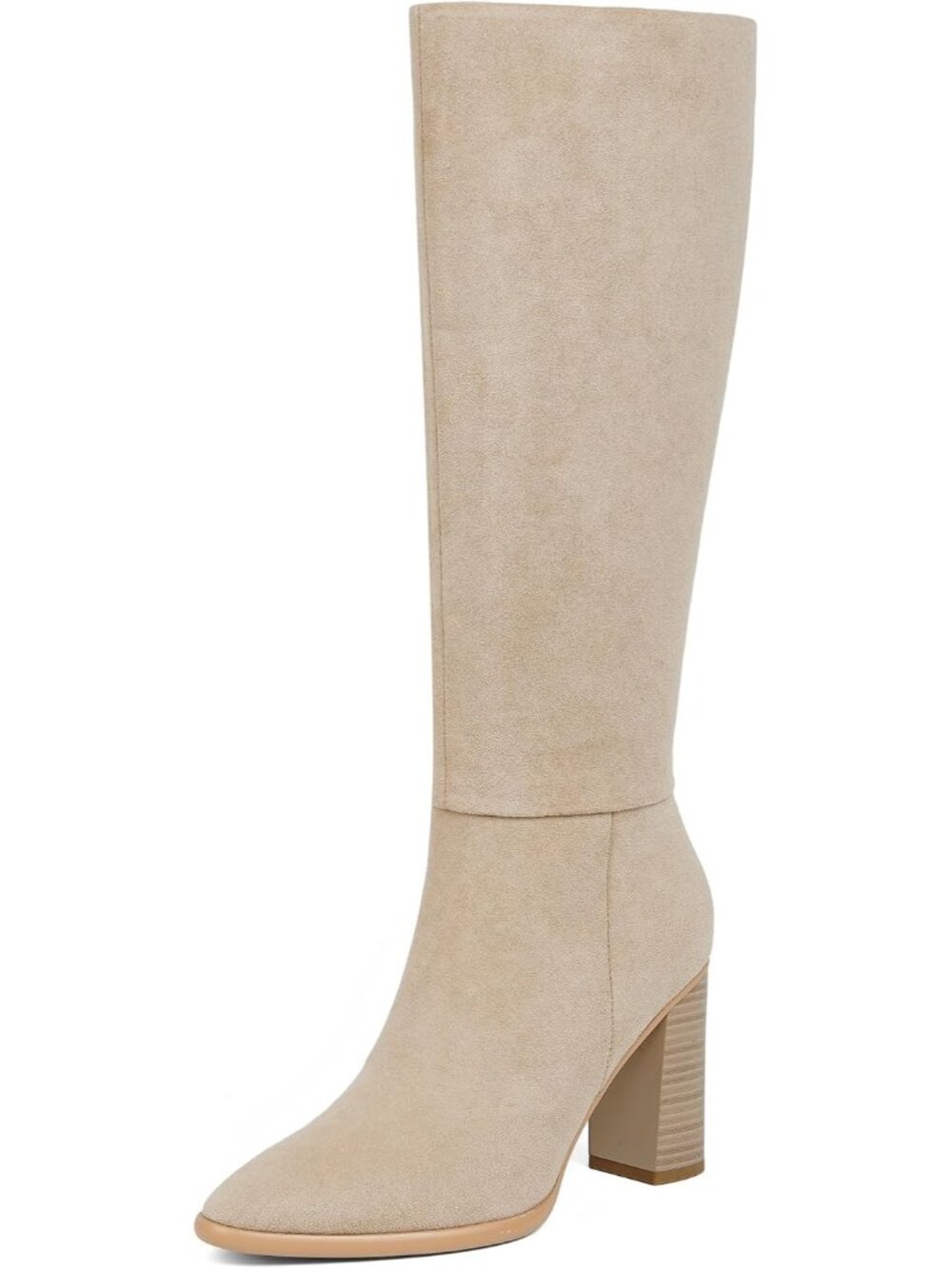 Women's Beige Pointed Toe Chunky Heel Cushioning Foam Tall Knee High Boot Shoes